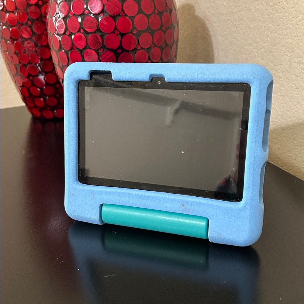 Kids Tablet with Protective Blue Case and Teal Stand